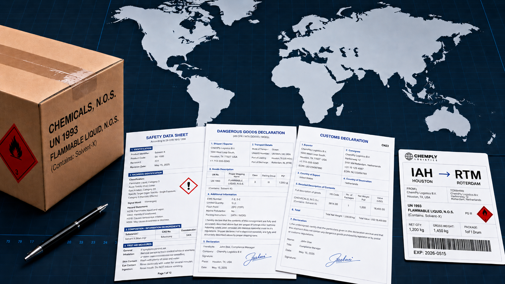 Dangerous goods package with an SDS, dangerous goods declaration, customs declaration, and freight label on a world map.
