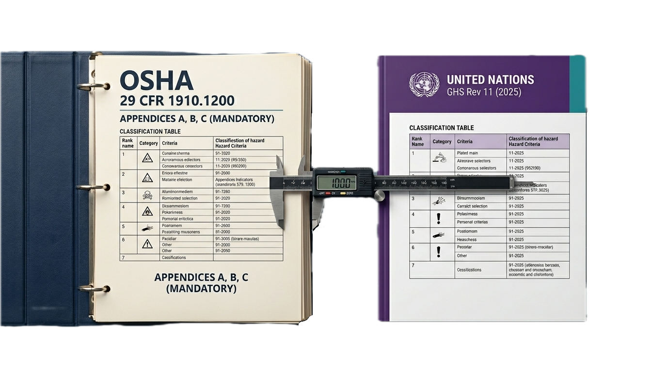 Side-by-side comparison of the OSHA 29 CFR 1910.1200 appendices binder and the UN GHS Revision 11 Purple Book, with calipers measuring the gap between their classification tables.