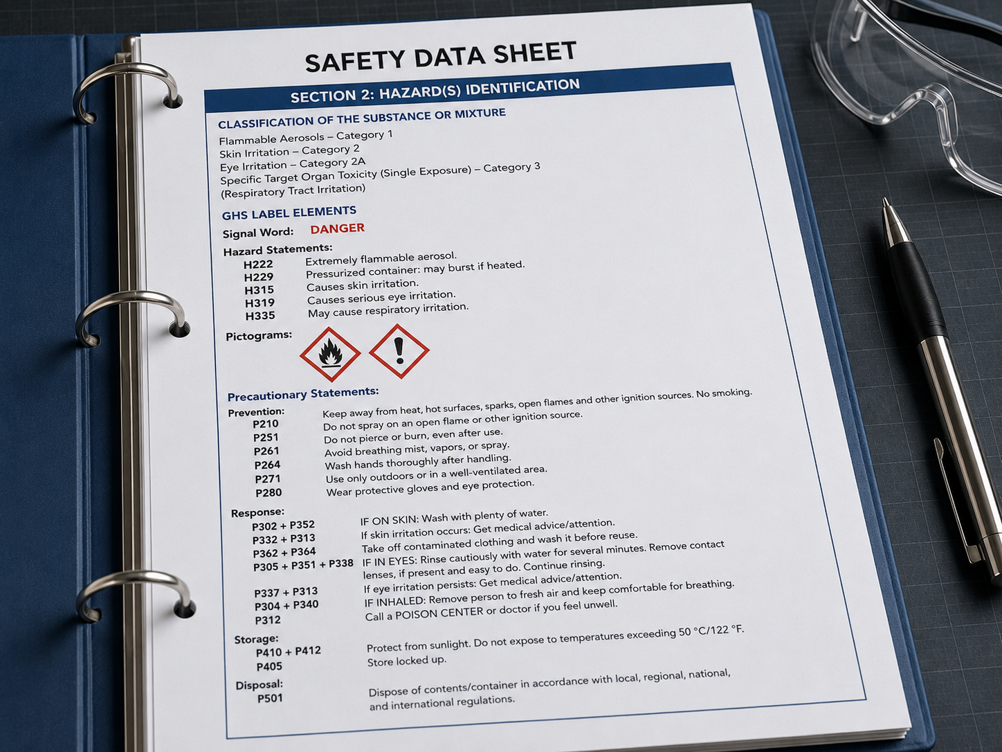 Safety data sheet Section 2 page with OSHA HazCom label elements, pictograms, and compliance annotations.